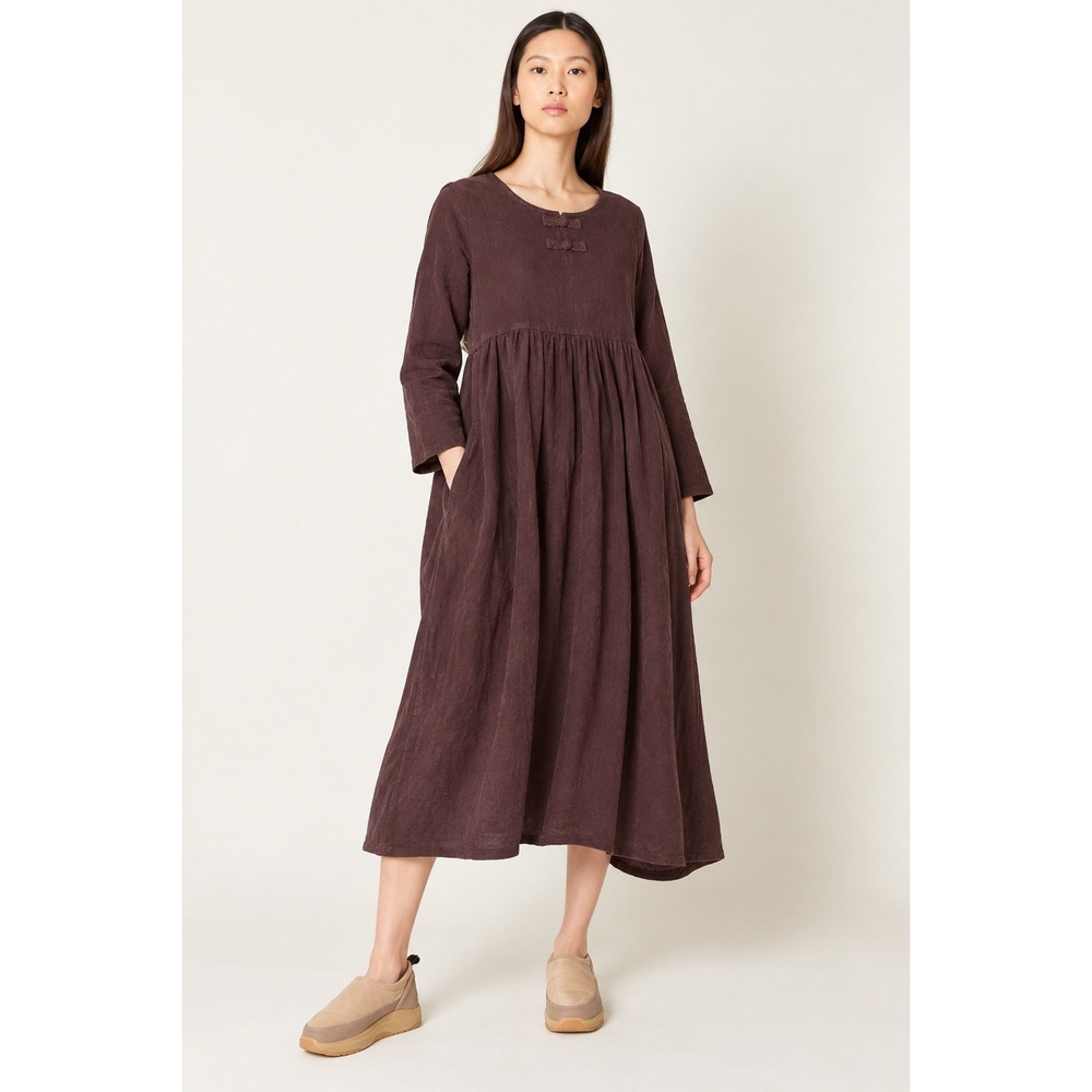Designer Yao Corduroy Dress Womens Brown Frog Button Pockets Midi Long Sleeve